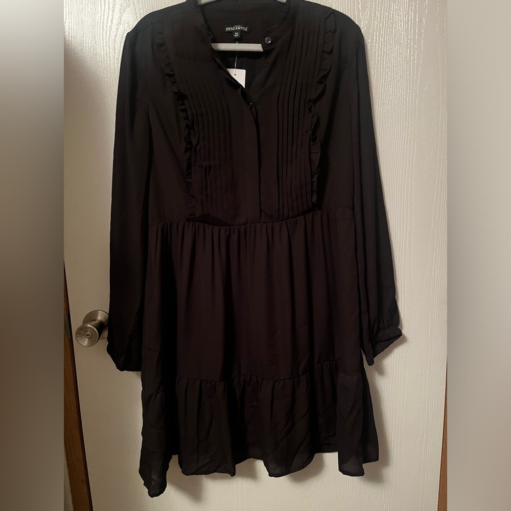 NWT J. Crew Mercantile Black Ruffle Trim Pintuck Long Sleeve Mini Dress Size 14 - Picture 2 of 12